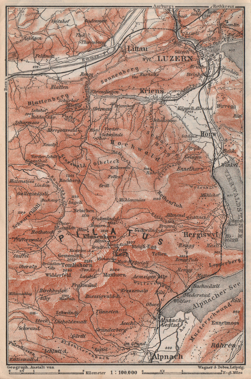 PILATUS. Luzern Lucerne Kriens Alpnach Hergiswil. Topo-map. Schweiz 1897